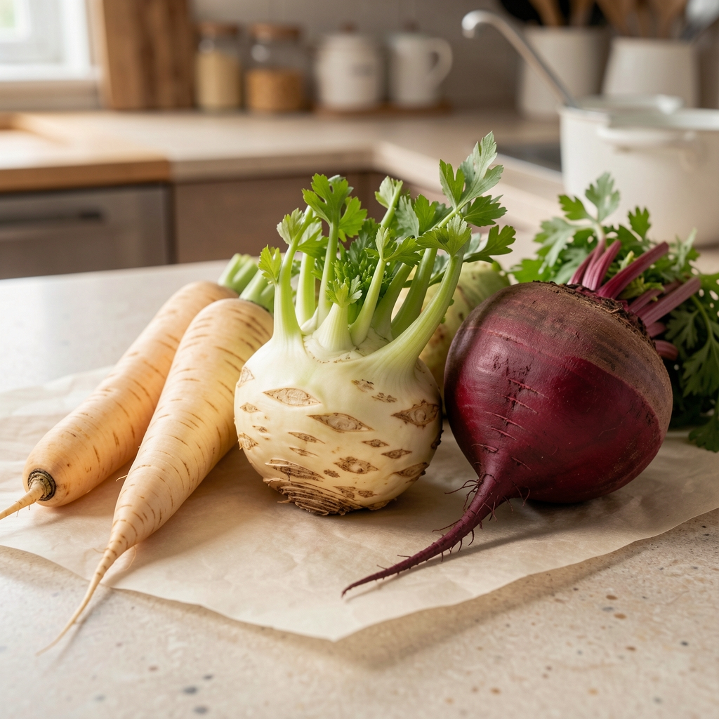 A collection of autumn root vegetables — parsnips, celeriac, and beetroot — arranged on pale parchment paper on a kitchen counter