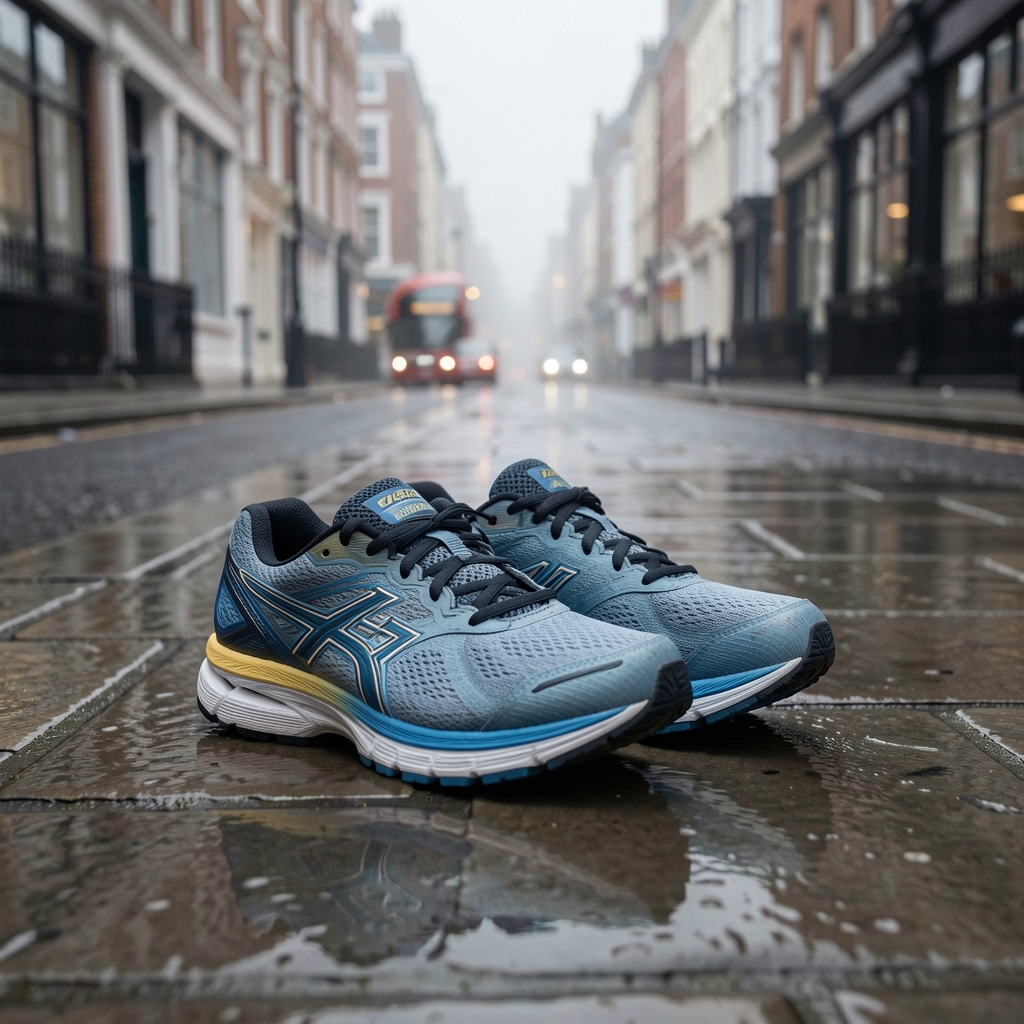 Running shoes resting on damp London pavement at early morning, overcast light