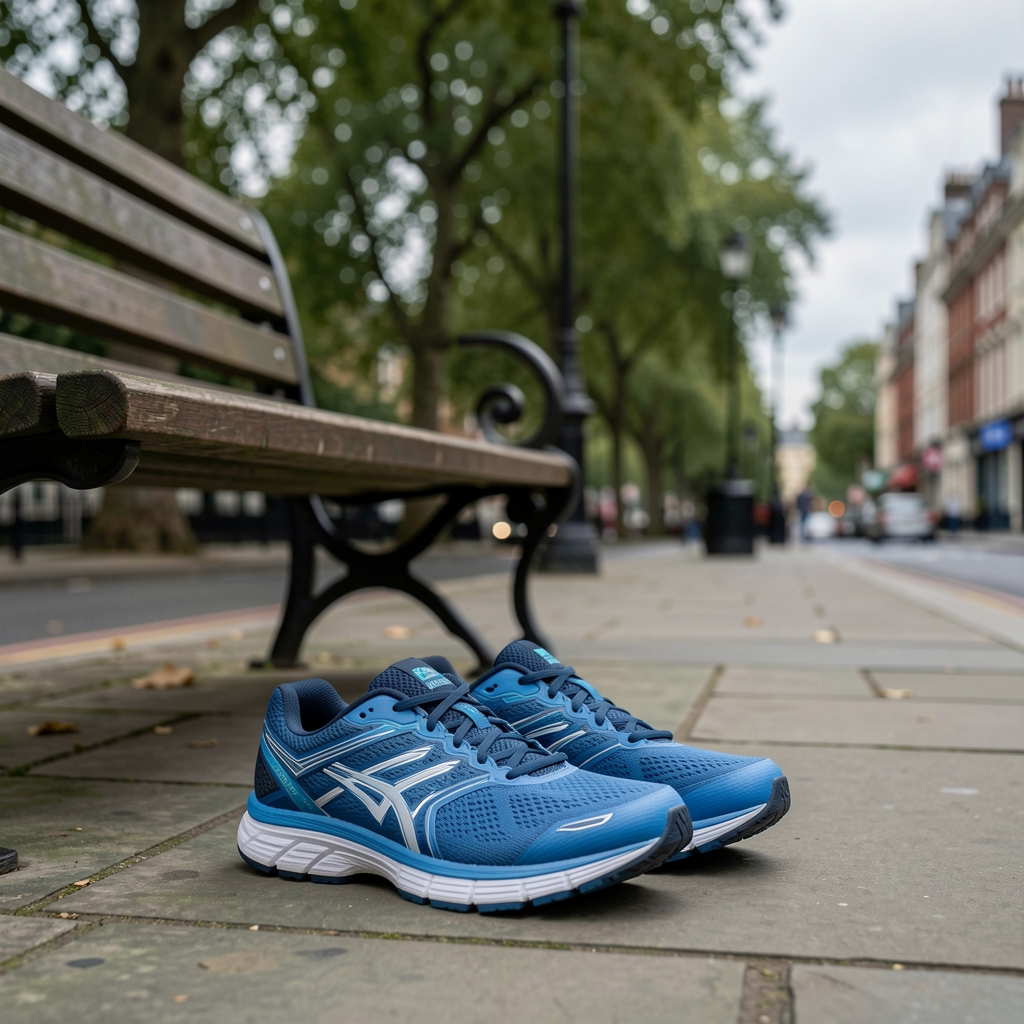 Running shoes placed neatly on a London pavement beside a bench, overcast light, trees in soft background blur